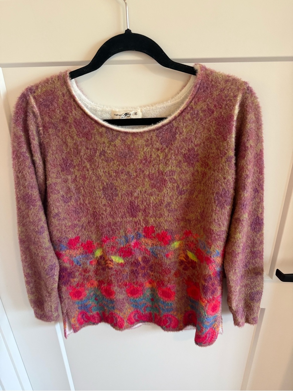 Natural Life Floral Fuzzy Sweater XS Pink Boho Botanical Eyelash Knit
